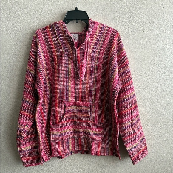 Boho Multicolor Striped Women's Artisanal Rug Hoodie L - Picture 2 of 9